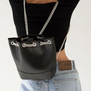 Nakedvice Patent Leather Textured Carmen Chain Black Drawstring Backpack Bag EUC